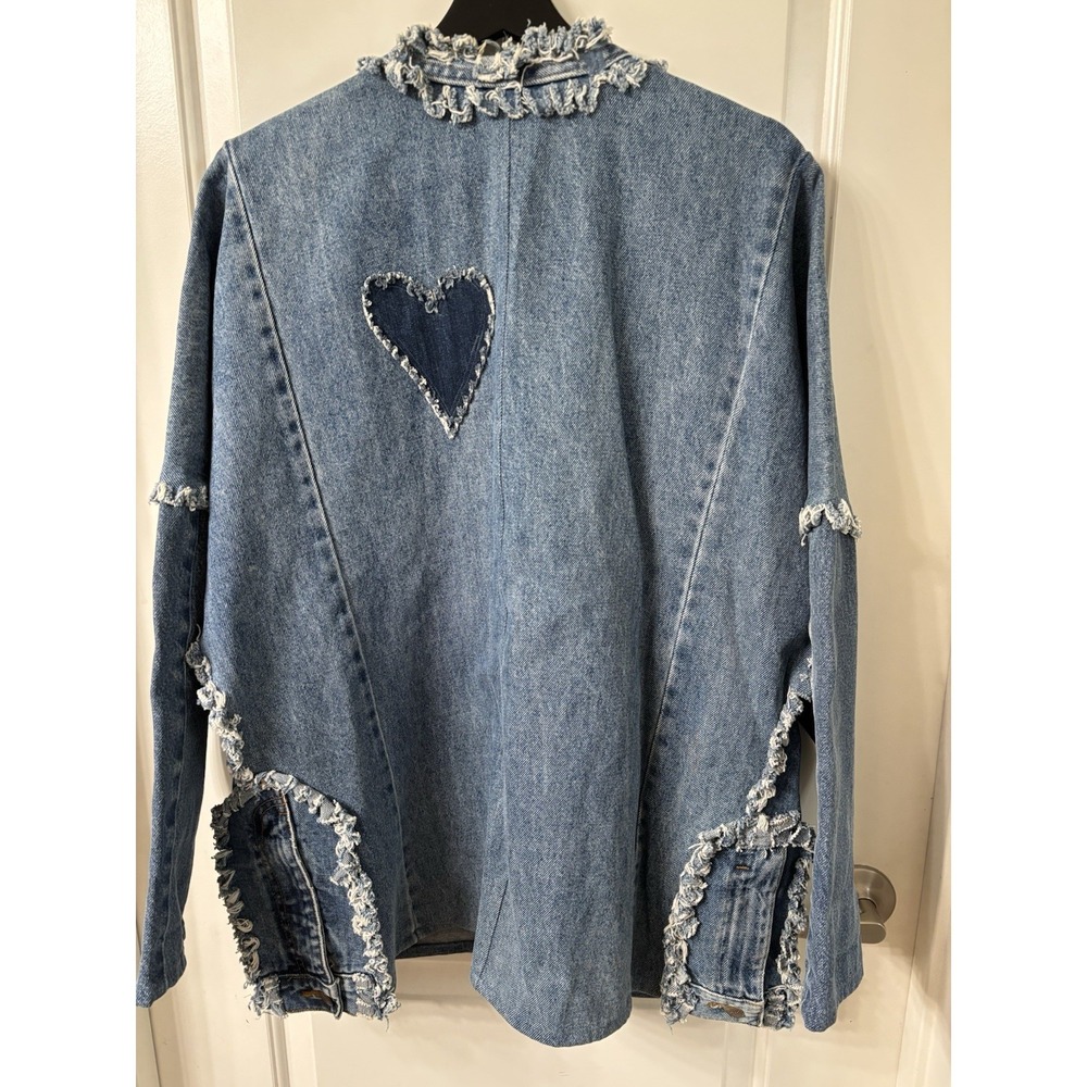 Vintage Boho Rag Denim Jean Jacket Frayed Fringe Heart Pockets Handmade Funky L - Picture 9 of 10